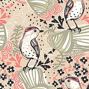vector seamless pattern with abstract birds and floral elements