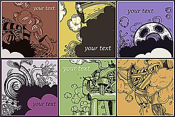 vector set of 6 cards with fantasy engines and machines