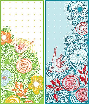 vector set of floral cards with birds and  blooming flowers