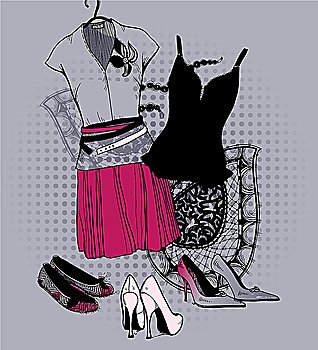 vector set of a fashion dress, shoes and underwear on an abstract background