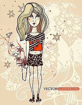 vector illustration of a young girl with a camera and flying birds on a floral background