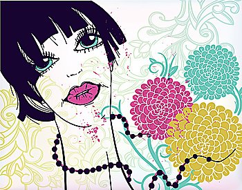 vector illustration of a woman with colorful blooming flowers