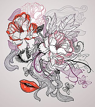 vector illustration of a dreaming girl and blooming roses
