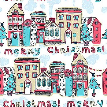 Christmas vector seamless pattern with decorated houses