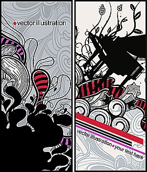 vector set of two hand drawn cards with a piano and abstract decorations