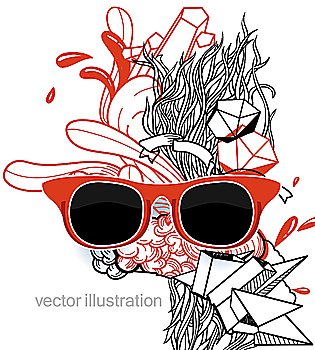 vector illustration of a red  old-fashioned sunglasses on an abstract background