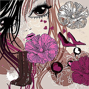 vector illustration of a girl, flowers and fashion shoes
