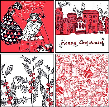 vector set of Christmas  illustrations and a seamless pattern