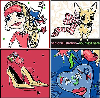 vector set of colorful cards with a funny girl, little dog and fashion shoes