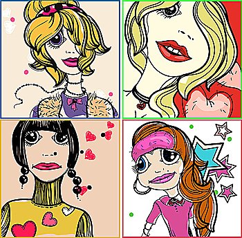 vector collection of funny portraits with fashion girls