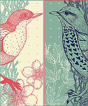 two vector hand drawn cards with birds and flowers