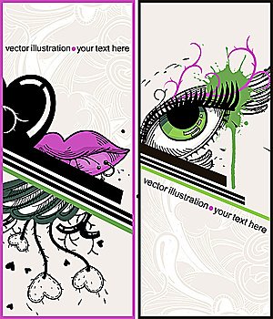 vector set of two cards with fantasy eyes and lips