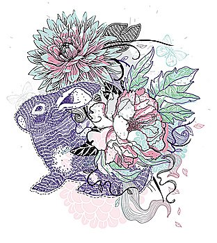 vector  illustration of a violet rabbit and blooming flowers