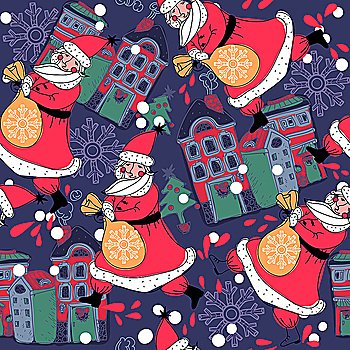 Christmas vector seamless pattern with Santa and sleeping town houses