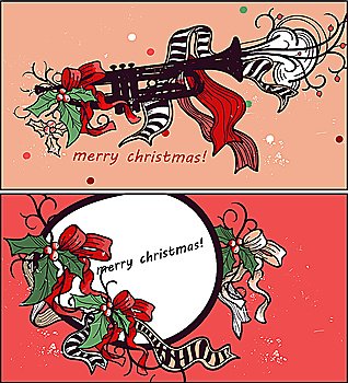 vector set of christmas cards with christmas decoration and a trumpet