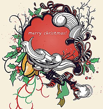 vector christmas illustration of an abstract frame, turkey , trumpet and sprigs of holly