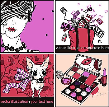 vector set of colored cards with a fashion  girl, little dog, make up and a red bag from sale