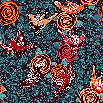 vector seamless floral pattern with abstract roses and birds