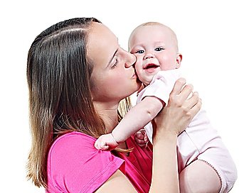 Young mother kiss her baby, isolated on white