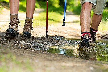 Closeup of hiker legs wearing trekking boots