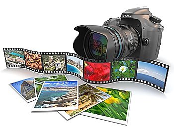Photography. Slr camera, film and photos. 3d