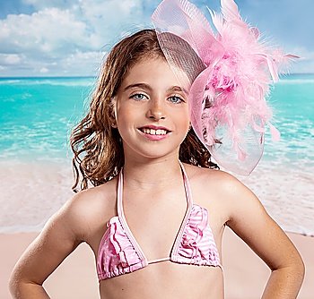 Children girl in tropical turquoise beach vacations with pink fashion style vintage color