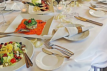 Banquet table setting for wedding dinner