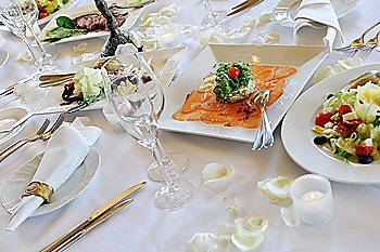 Banquet table setting for wedding dinner