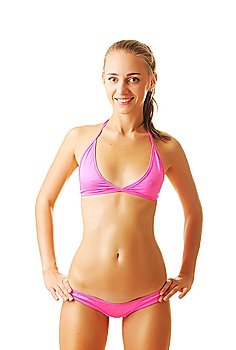 Sexy tan woman in bikini isolated on white background