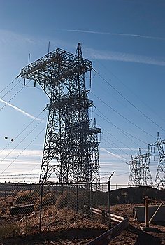 Electricity pylons over a dam, Glen Canyon Dam, Lake Powell, Page, Arizona-Utah, USA
