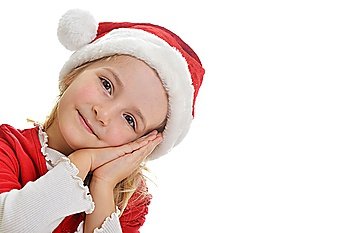 little girl in red santa hat on white background. portrait