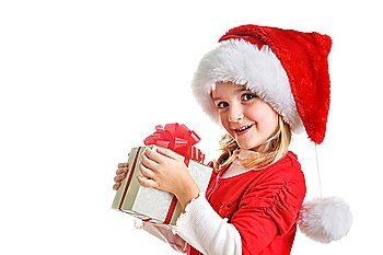 little girl in red santa cap  holding christmas present