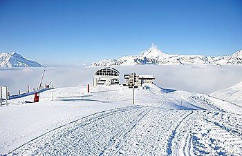 Ski lift station in mountains at winter, Val-d´Isere, Alps, France