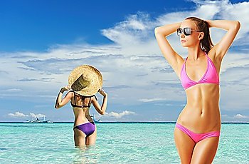Women with beautiful body wearing sunglasses at tropical beach. Collage.
