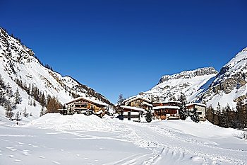 Mountain ski resort with snow in winter, Val-d´Isere, Alps, France
