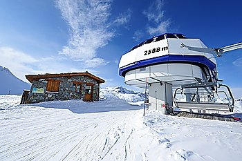 Ski lift station in mountains at winter, Val-d´Isere, Alps, France