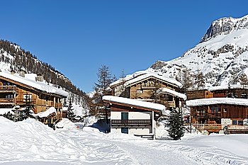 Mountain ski resort with snow in winter, Val-d´Isere, Alps, France