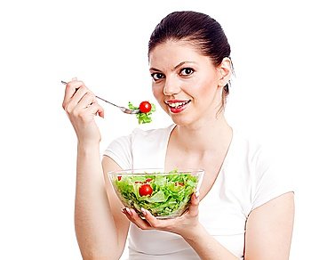 Young woman with healthy salad. Isolated over white.