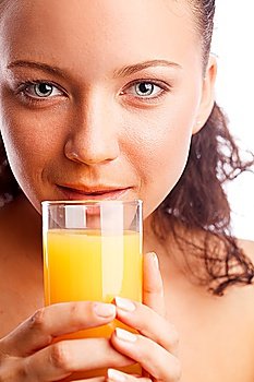Woman with orange juice. Isolated over white.
