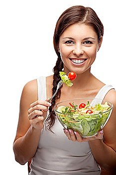 healthy woman with salad on white background