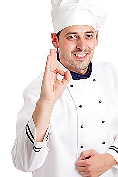 Chef giving the ok sign. Focused on hand. Isolated over white