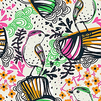 vector   seamless pattern with abstract plants and birds
