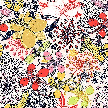 vector floral  seamless pattern with summer blooming flowers