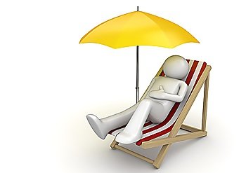Man lying on a beach chair ynder umbrella (3d isolated on white background characters series)