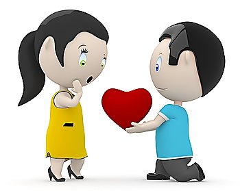 I love you my dear! Social 3D characters: boy giving his heart to the girl. New constantly growing collection of people images. Concept for love, relationship, Valentine illustration. Isolated.