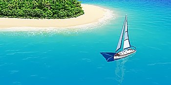 Yacht near tropical sand beach with palms top view. Concept for rest, holidays, resort, spa design or background.