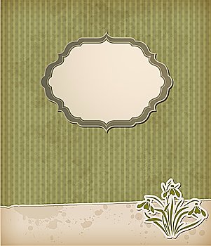 Vintage green vector background with label and snowdrops