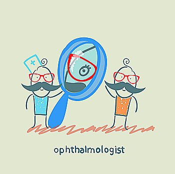 ophthalmologist looking through a magnifying glass on a patient