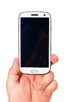 male hand is holding a modern touch screen phone. Screen is cut with clipping path