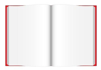 Vector illustration of opened blank book with red cover viewed from top isolated on white background.
